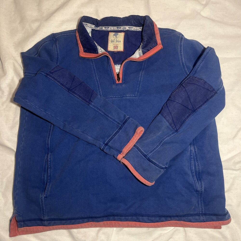 FAT FACE Airlie 1/4 Zip Sweatshirt-Mens-XXL-Washed Blue with Coral Trim
